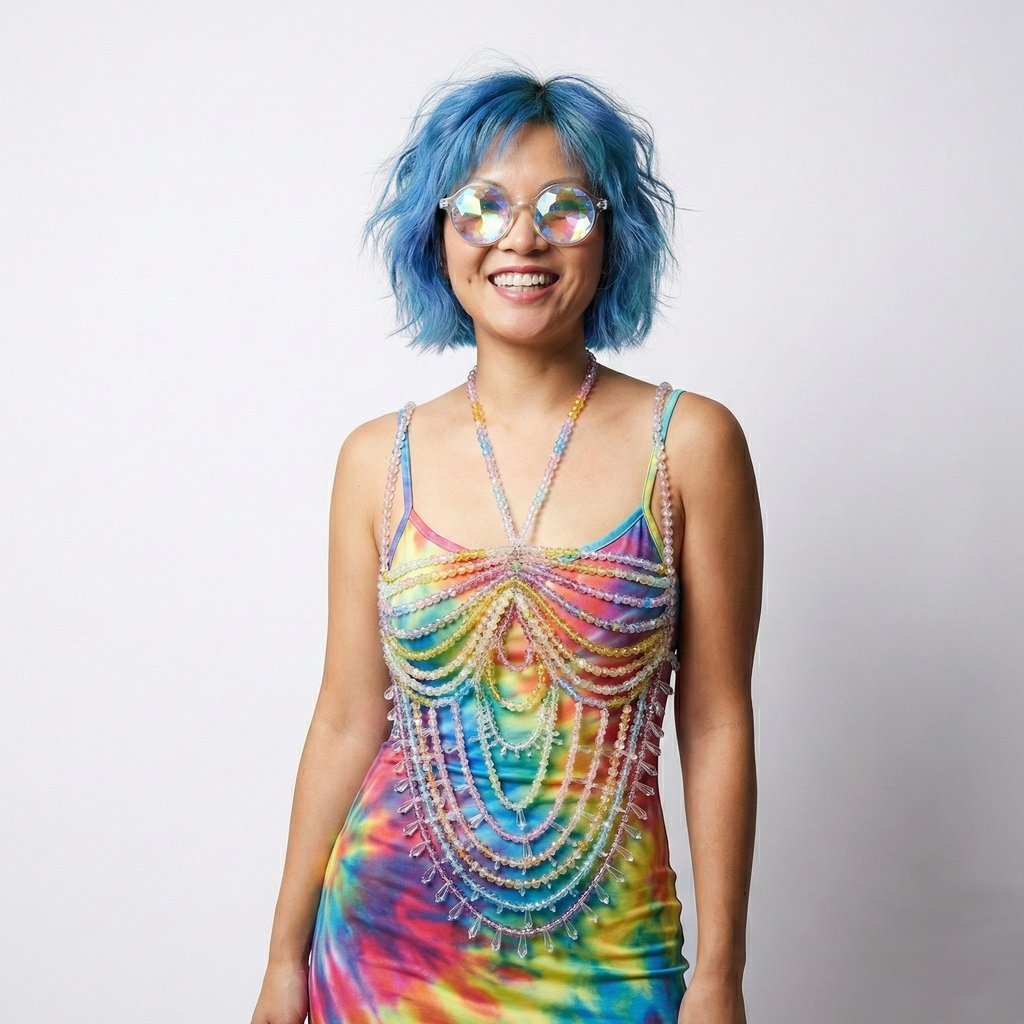 Candy Bead Jewel Top in Rainbow - worn on model at a festival | Ravers Co
