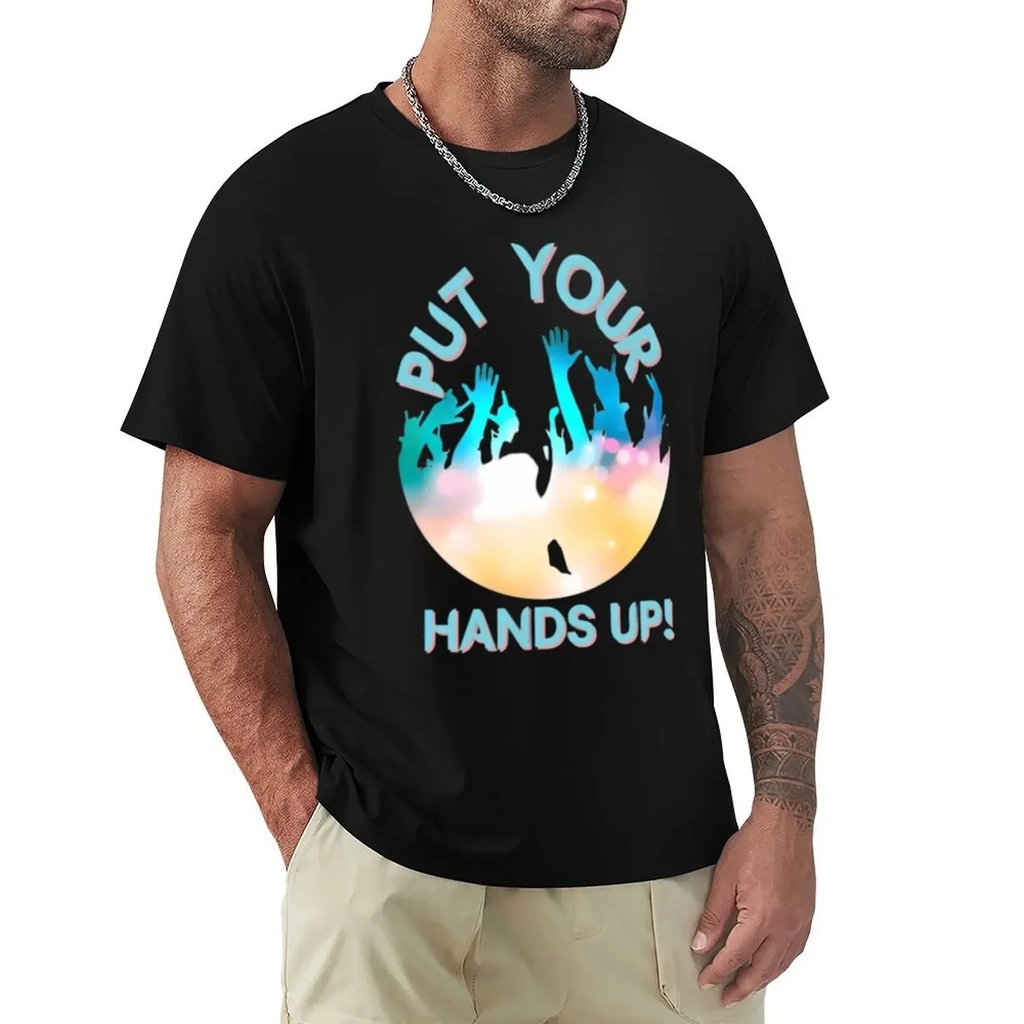 Put Your Hands Up! T-Shirt - black front view with crowd graphic | Ravers Co