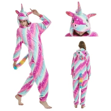 A picture of a model wearing the Aurora Galaxy Unicorn Onesie.