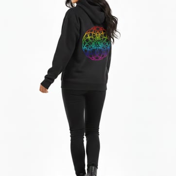 Rainbow Laluna Cosmic Hoodie showing back with cosmic moon design | Ravers Co