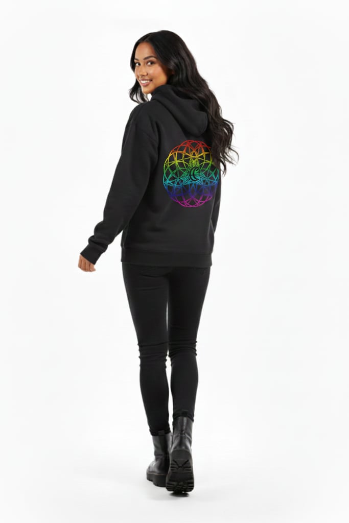 Rainbow Laluna Cosmic Hoodie showing back with cosmic moon design | Ravers Co