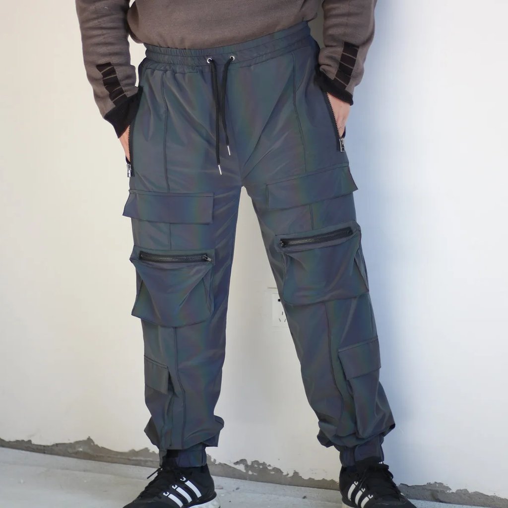 Techwear Reflective Cargo Pants - model in rave outfit showing movement | Ravers Co