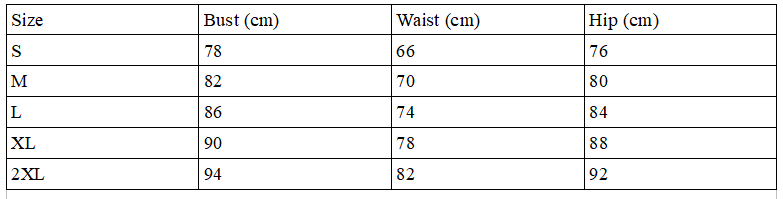 Size chart for the reflective rave set