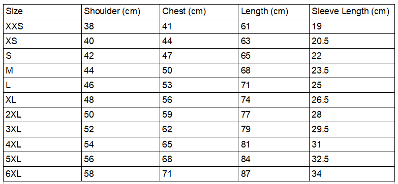 Size chart for the sacred symbol t-shirt.