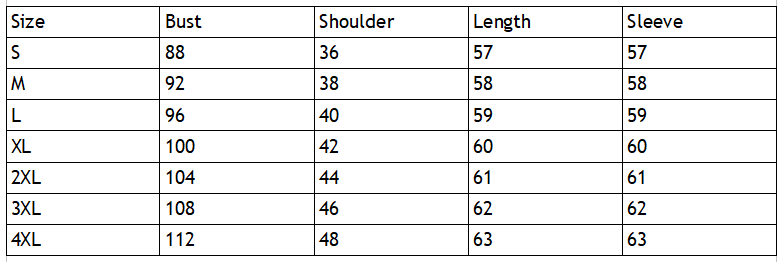 Size chart for the led faux fur coat