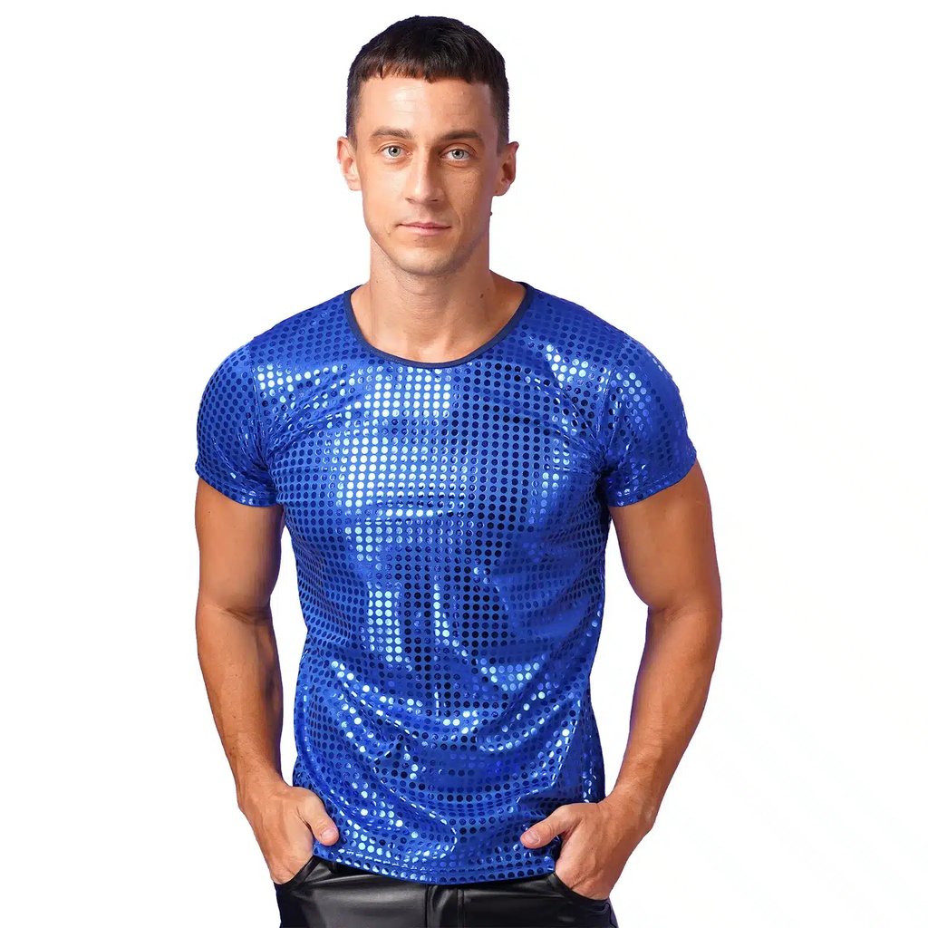 Men's Sequin Dot Rave Top - model wearing the Blue top at a festival | Ravers Co