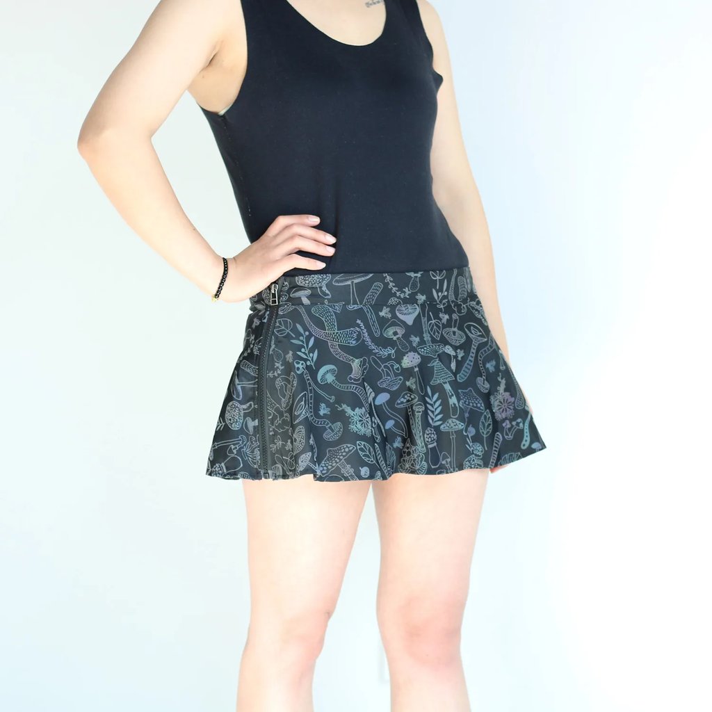 Holographic Mushroom Skirt - front view on model | Ravers Co