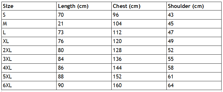 Size chart S - 6XL