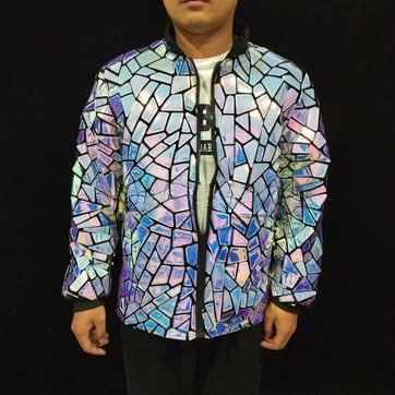 Picture of man wearing the blue laser mirror jacket