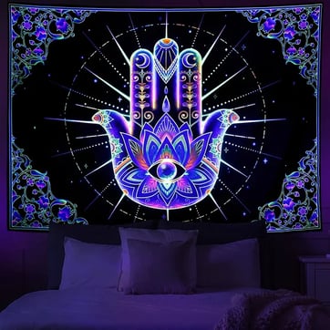 Large psychedelic Hamsa Hand tapestry hanging as festival decor | Ravers Co