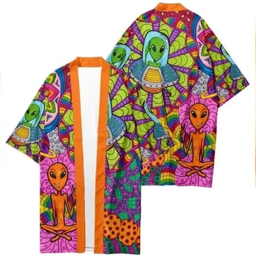 Psychedelic Alien Kimono - full view on model | Ravers Co