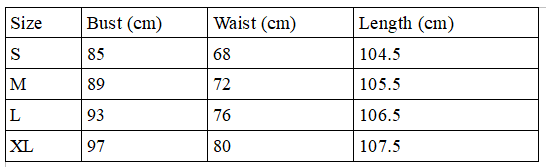 Size chart for Mesh Cover-Up Dress with sequins