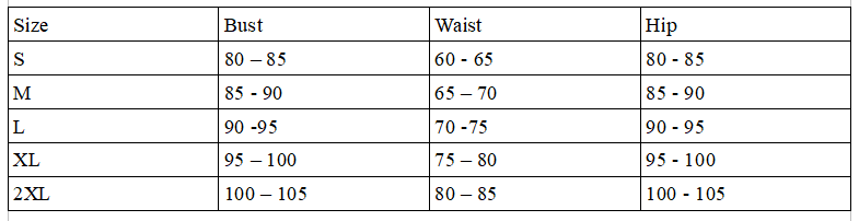 Size chart for the pu leather corset