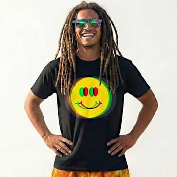 A phot of Mana happily wearing the twisted smiley face t-shirt