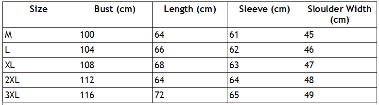 Size chart Holographic Windbreaker