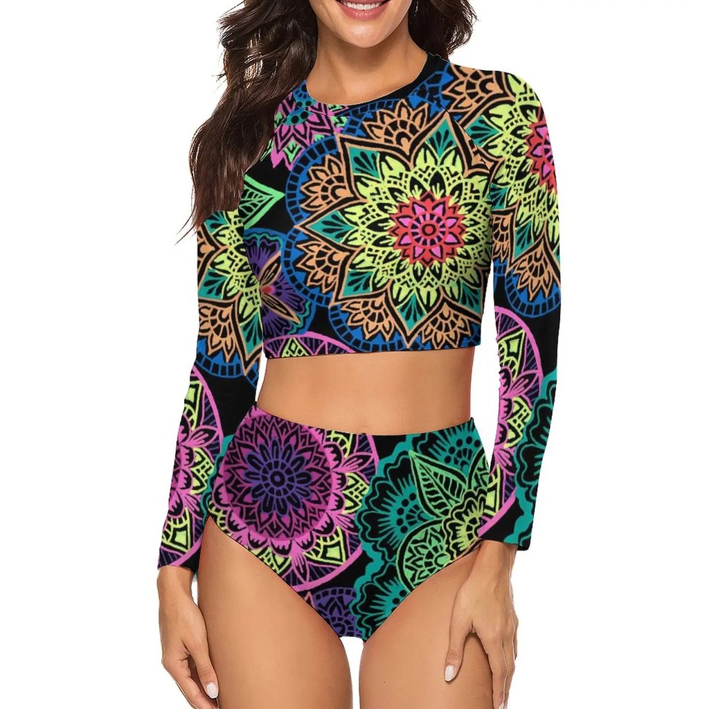 Flower Power Mandala Rave Bikini with long sleeve top and high-waist bottoms on display | Ravers Co