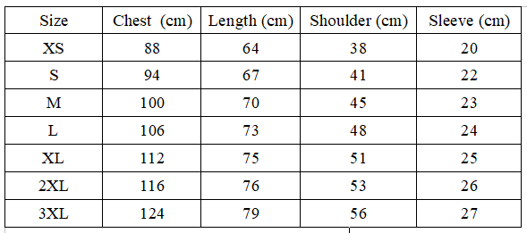 Size Chart for trippy cat shirt