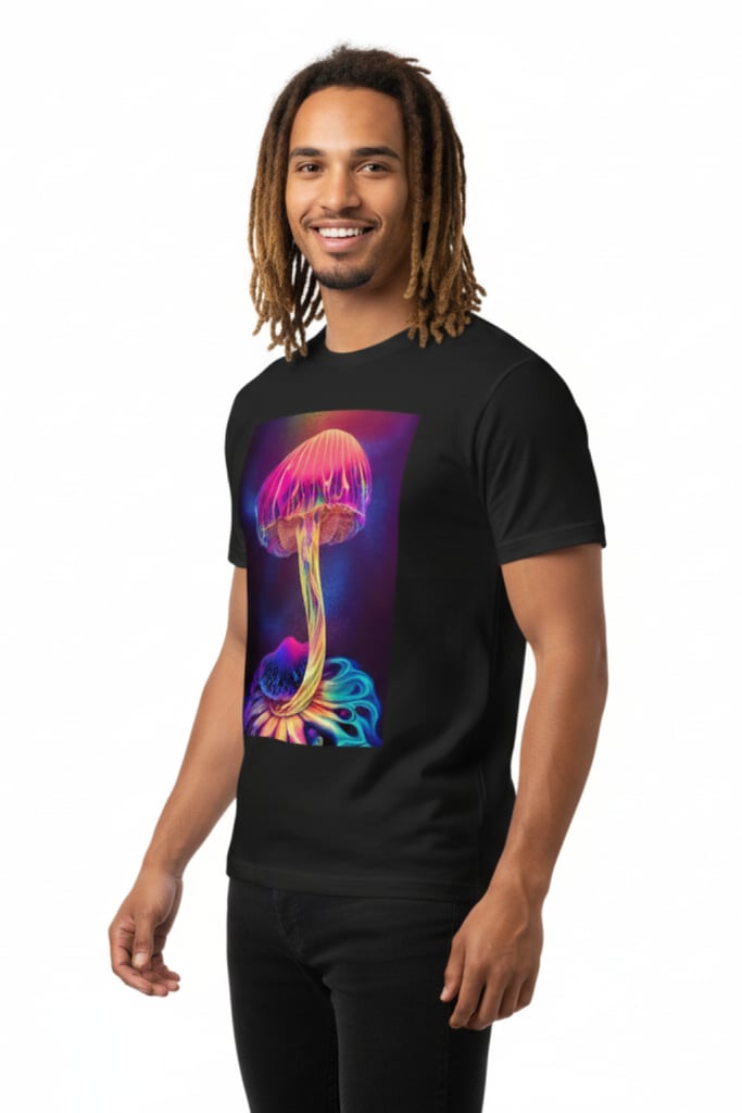 Trippy Mushroom T-Shirt - Front view showing vibrant psychedelic print | Ravers Co