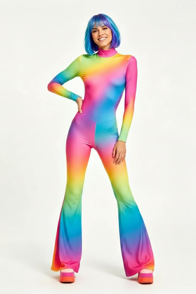 Isla is wearing the Rainbow Aura Flare Bodysuit — Normal Lighting front view