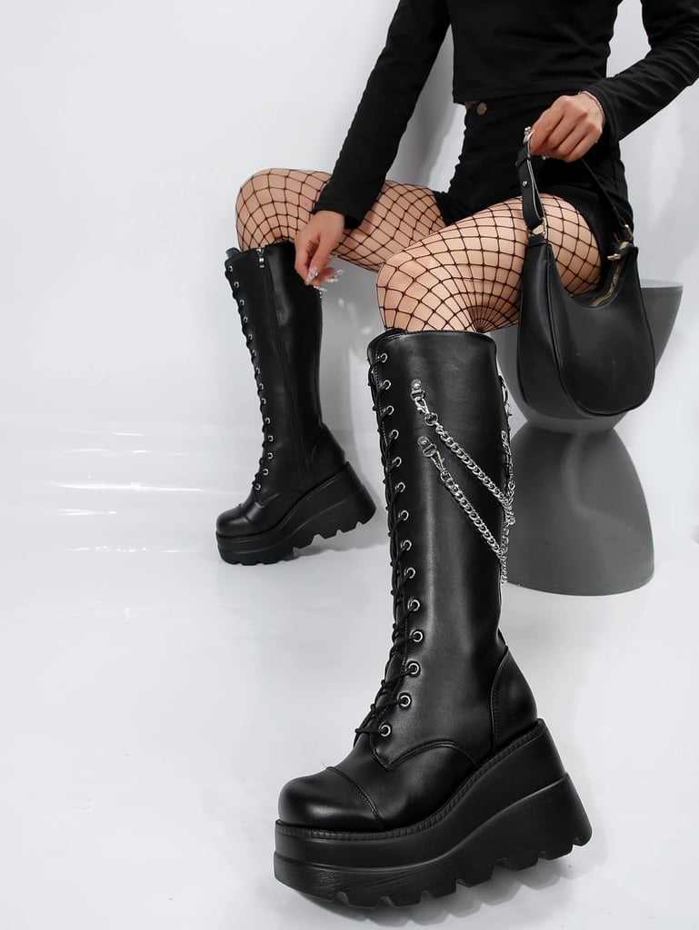 Chained Up Rave Boots in black with platform heel - front view | Ravers Co
