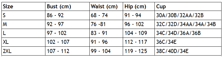 Size chart for the mandala bikini set