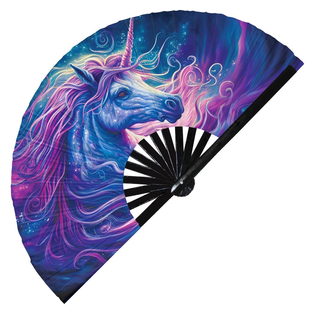 Cosmic Unicorn Rave Hand Fan showing its trippy purple and blue design | Ravers Co