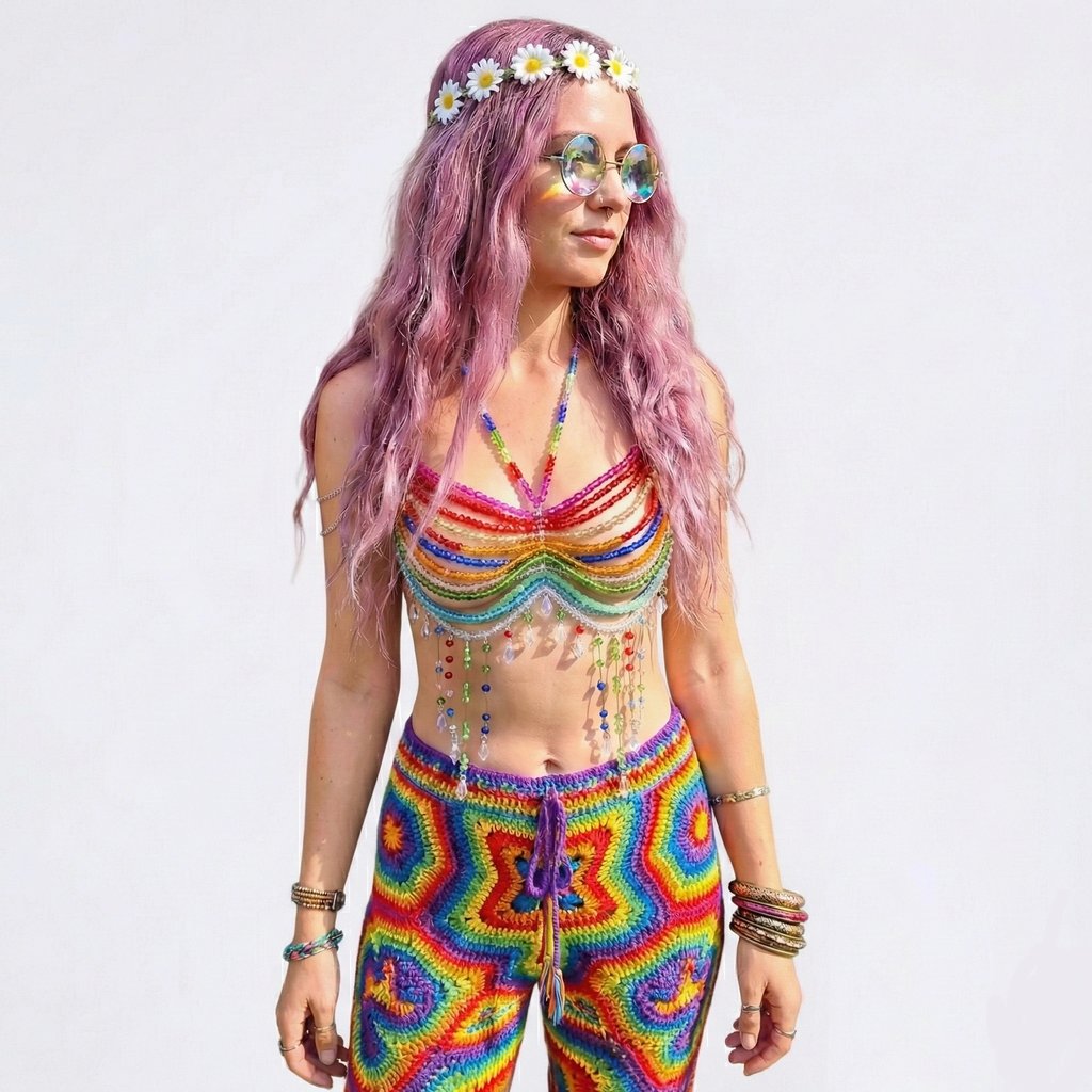 Rainbow Bead Rave Top worn by a model at a festival - front view | Ravers Co