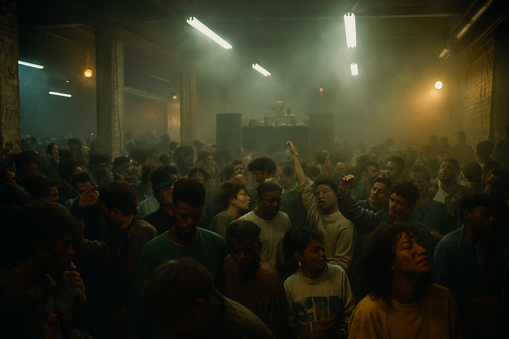 A photo of an underground rave in the 1980s
