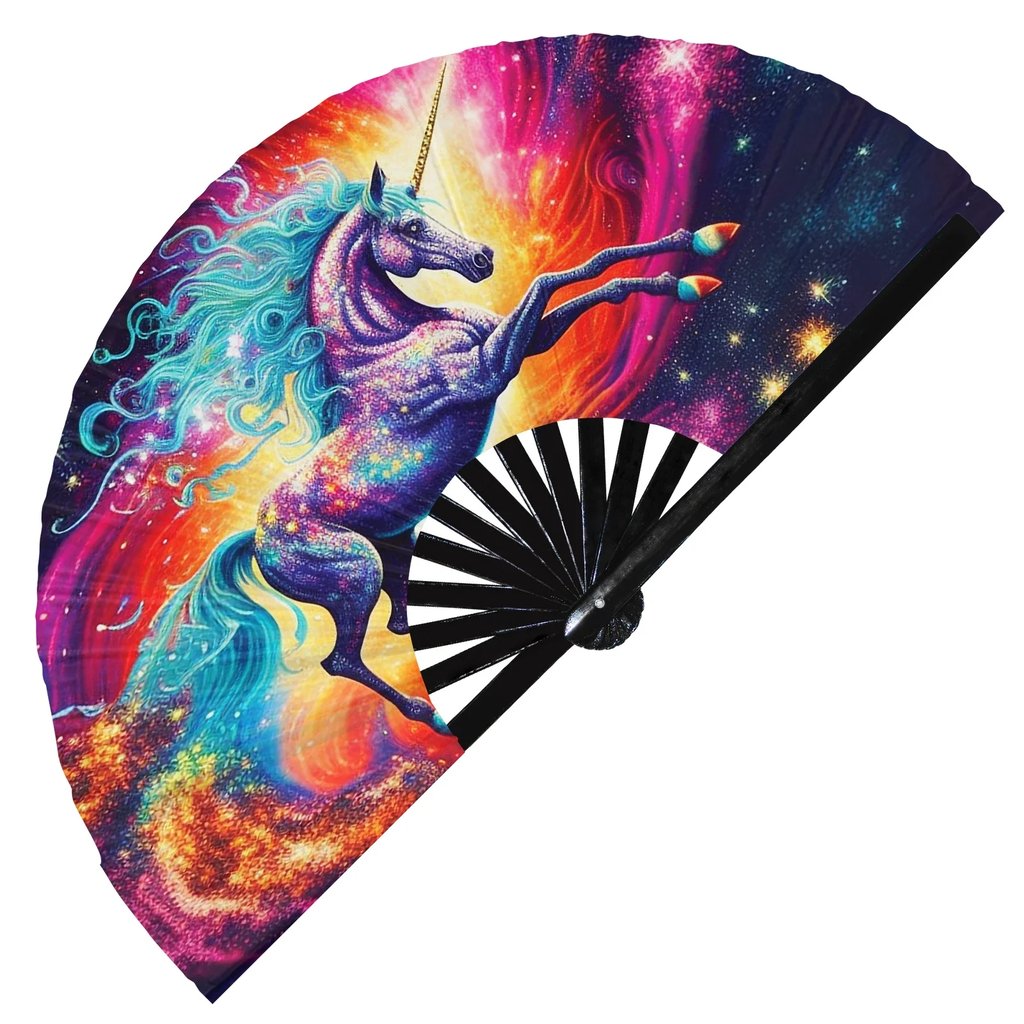 Large Galactic Unicorn Rave Fan fully open to 60cm, showing vibrant space print | Ravers Co