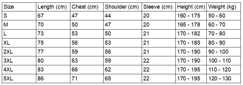 Size chart for the hypnotic mushroom t-shirt.