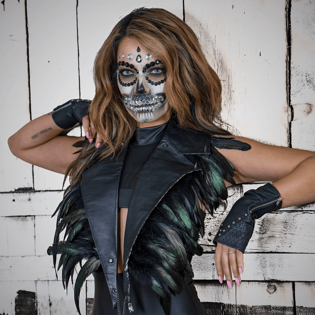 Kinky Feather Rave Vest in Black - Front view on model | Ravers Co