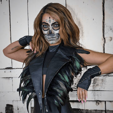 Kinky Feather Rave Vest in Black - Front view on model | Ravers Co