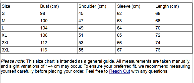 Size chart for the long sleeve mesh top