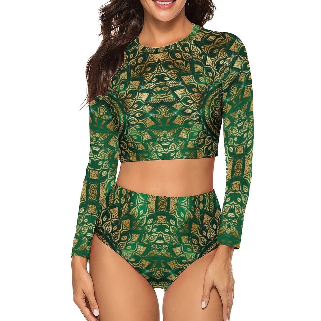 Golden Forest Bikini Set - model wearing the long sleeve crop top and high-waist briefs | Ravers Co