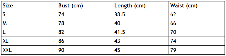 Size chart for magic mushroom crop tops