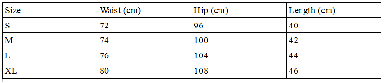 A size chart for the rainbow reflective mini skirt