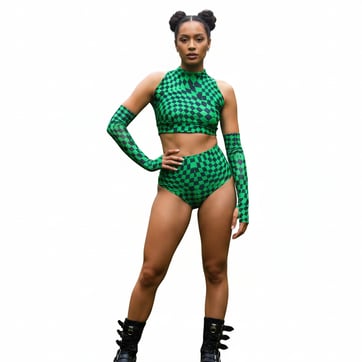 A photo of a model wearing the psychedelic checkerboard rave set.
