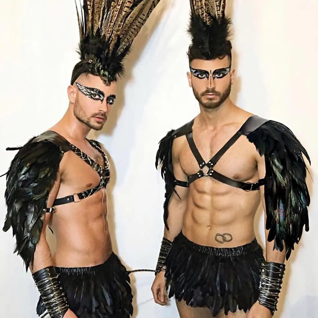 PU Leather Freedom Harness with large black feather wings on a white studio background | Ravers Co