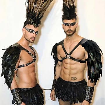 PU Leather Freedom Harness with large black feather wings on a white studio background | Ravers Co