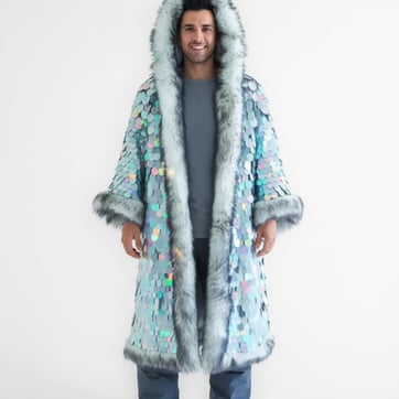 LED Fur Sequin Cloak - Front view in dim and normal lighting | Ravers Co