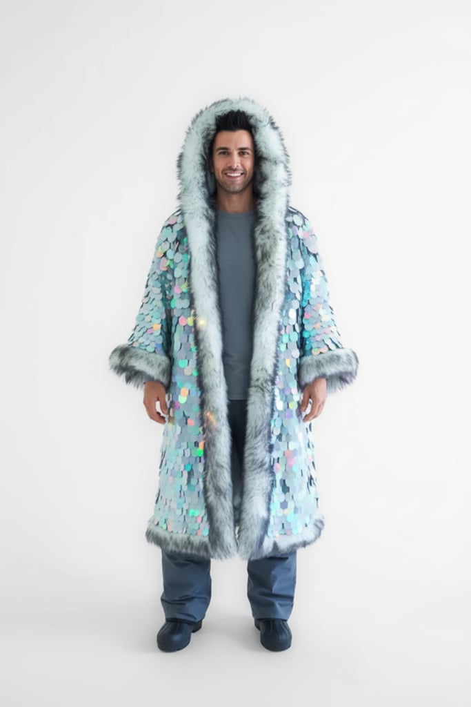 LED Fur Sequin Cloak - Front view in dim and normal lighting | Ravers Co