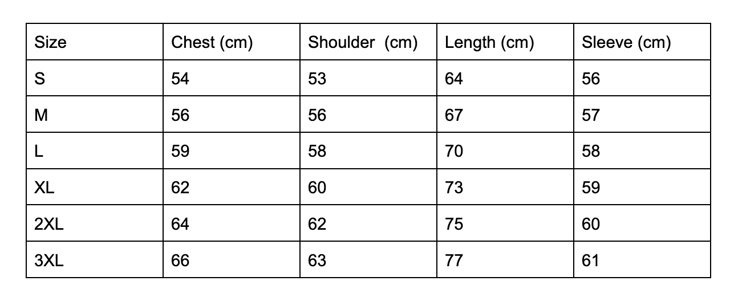 Size chart for the sacred geo star hoodie 
