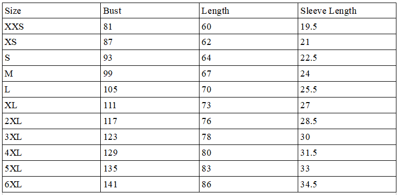 Size Chart for Psy Art T-Shirt