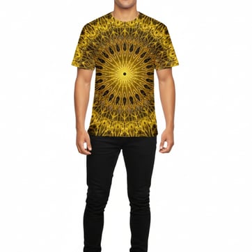 Psy Art Sun T-Shirt front view with golden 'exploding sun' mandala | Ravers Co