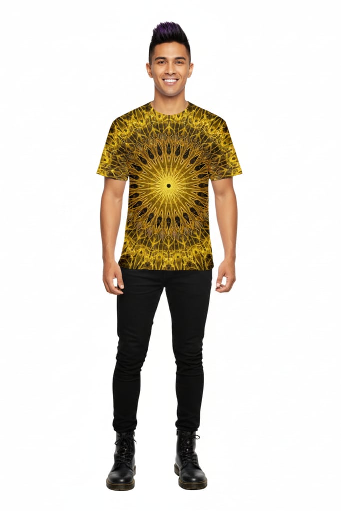 Psy Art Sun T-Shirt front view with golden 'exploding sun' mandala | Ravers Co