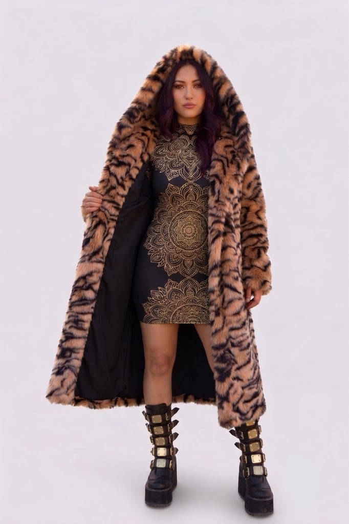 Sue is wearing the Wildcat Faux Fur Coat facing the camera
