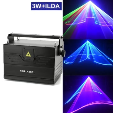 A picture of the 3W ILDA 3D Scan Laser Projector with laser show examples.