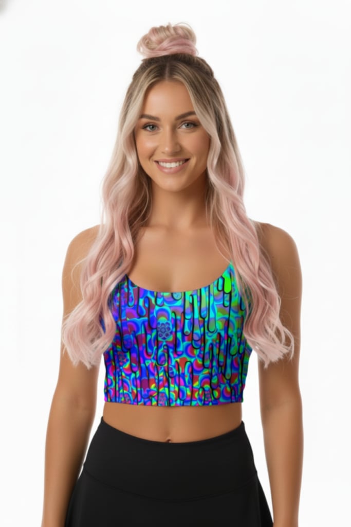 Flower Drip Rave Top - model wearing the psychedelic crop top at a festival | Ravers Co
