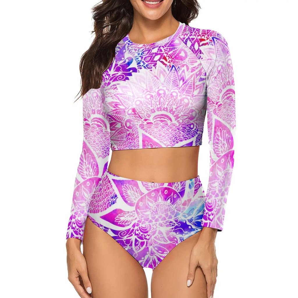 Dreamy Lotus Rave Bikini Set - model in pink and purple long sleeve top and high-waist briefs | Ravers Co