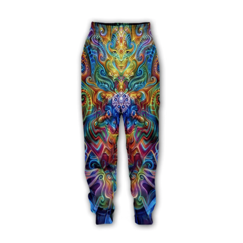 Close-up detail of the trippy, colourful art print on the Psy Art Spirit Trousers | Ravers Co